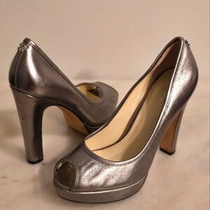 COACH Breana leather peep toe platform heels in pewter metallic 7.5